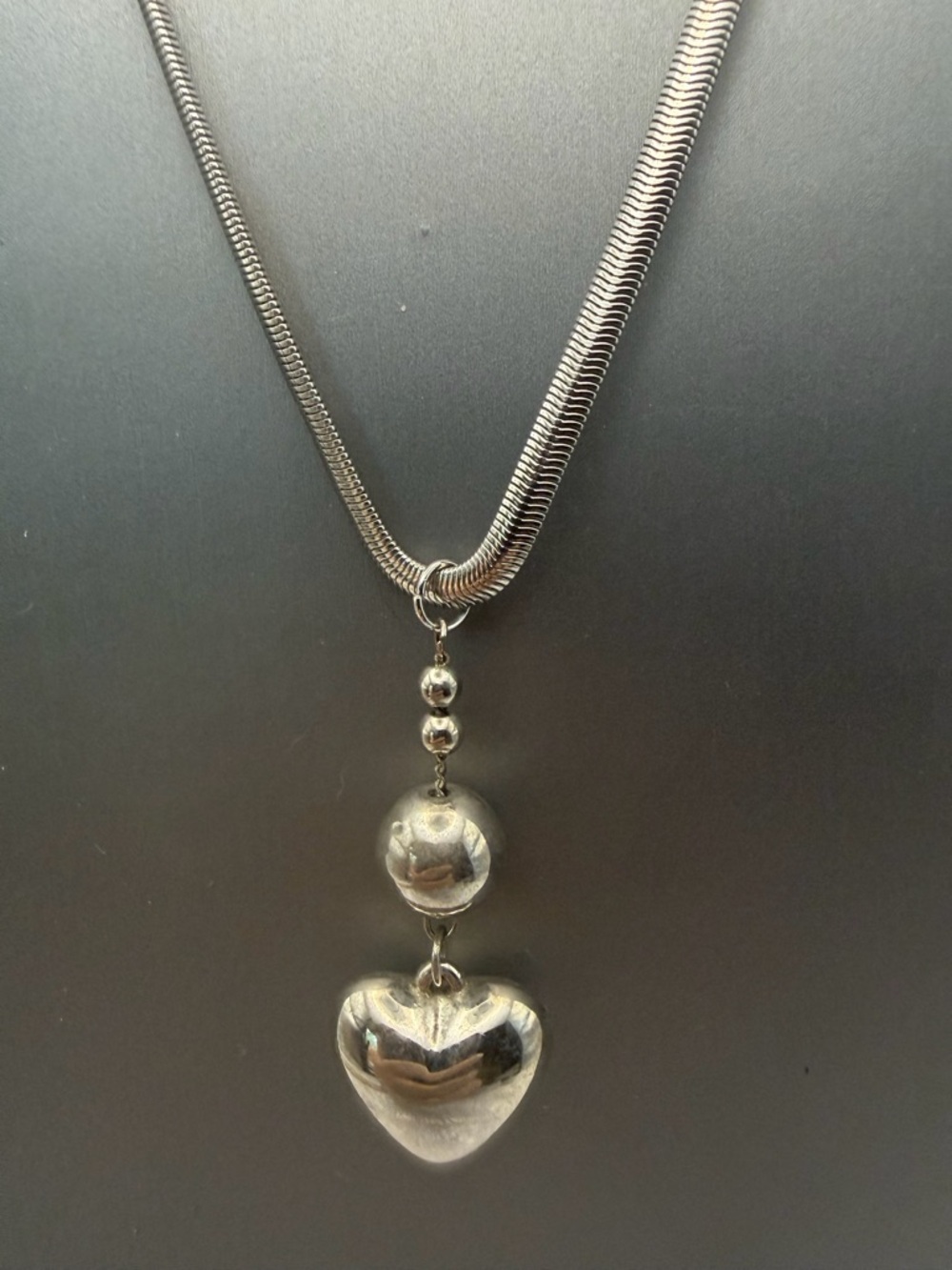 Silver Puffy Heart Pendant With Snake Chain Necklace